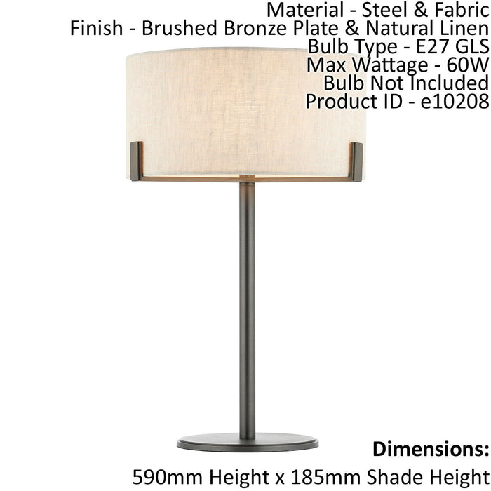 Table Lamp Brushed Bronze Plate & Natural Linen 60W E27 GLS Base & Shade Loops