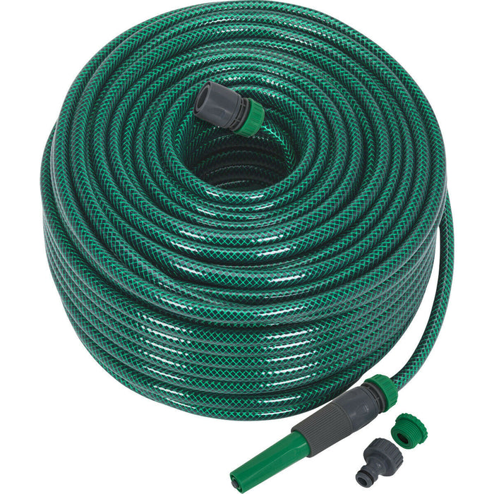80m Green PVC Water Hose - Spray Jet Nozzle - Female Waterstop Tap Connectors Loops