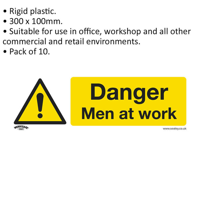 10x DANGER MEN AT WORK Health & Safety Sign - Rigid Plastic 300 x 100mm Warning Loops