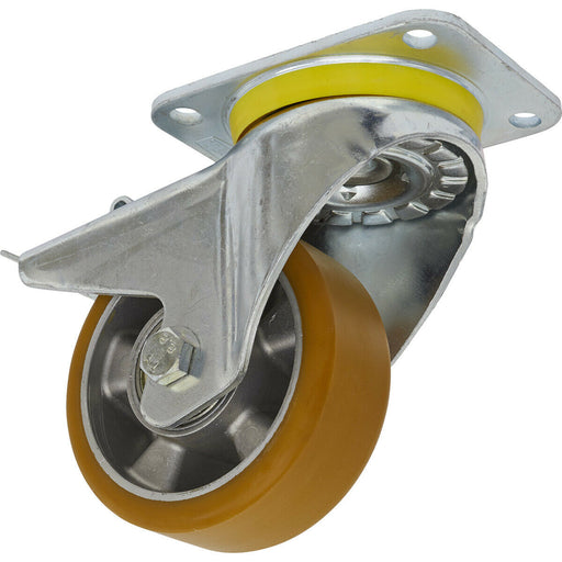 125mm Swivel Plate Castor Wheel - 50mm Tread - Aluminium & PU - Total Lock Brake Loops