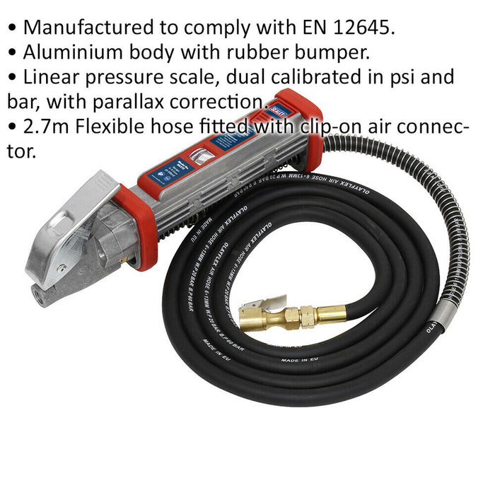 Premium Tyre Inflator - Clip-On Connector - Parallax Correction & 2.7m Hose Loops