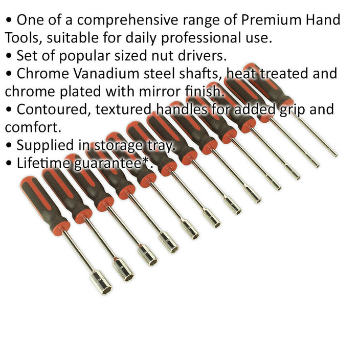 12 Piece Nut Driver Set - 240mm Heat Treated Steel Shafts - Textured Grip Handle Loops