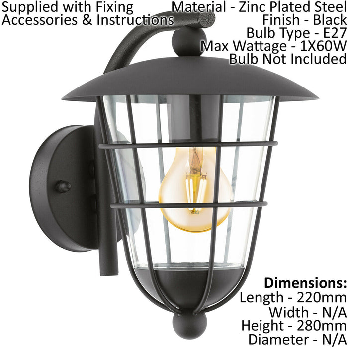 IP44 Outdoor Wall Light Black Lantern Glass Shade 1x 60W E27 Bulb Porch Lamp Loops