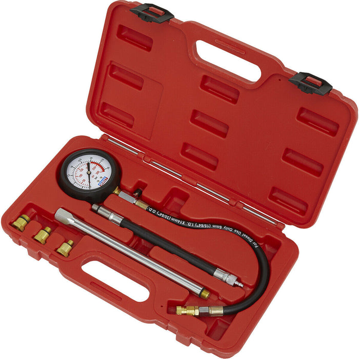 6 Piece Petrol Engine Compression Tester - 300psi Gauge - Flexible Extension Loops