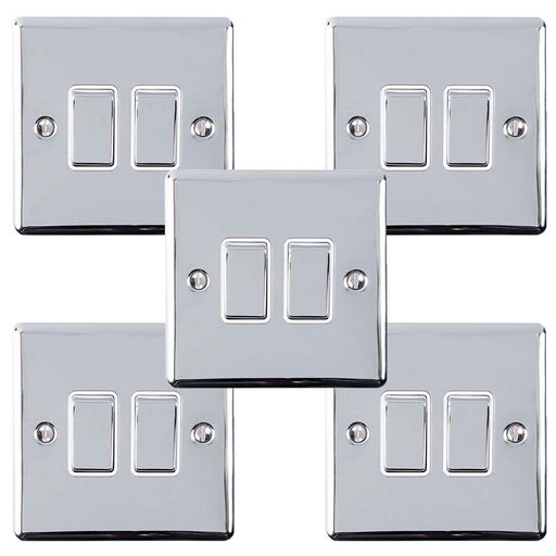 5 PACK 2 Gang Double Metal Light Switch POLISHED CHROME 2 Way 10A White Trim Loops