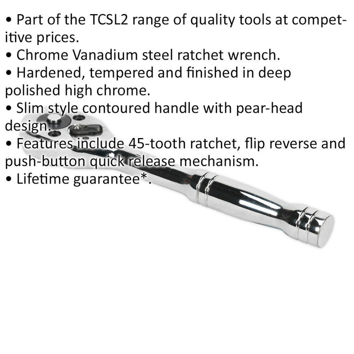 45-Tooth Flip Reverse Ratchet Wrench - 1/4 Inch Sq Drive - Pear Head Design Loops