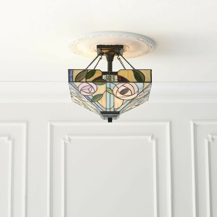 Tiffany Glass Hanging Low Ceiling Light Pink Rose Inverted Square Shade i00162 Loops