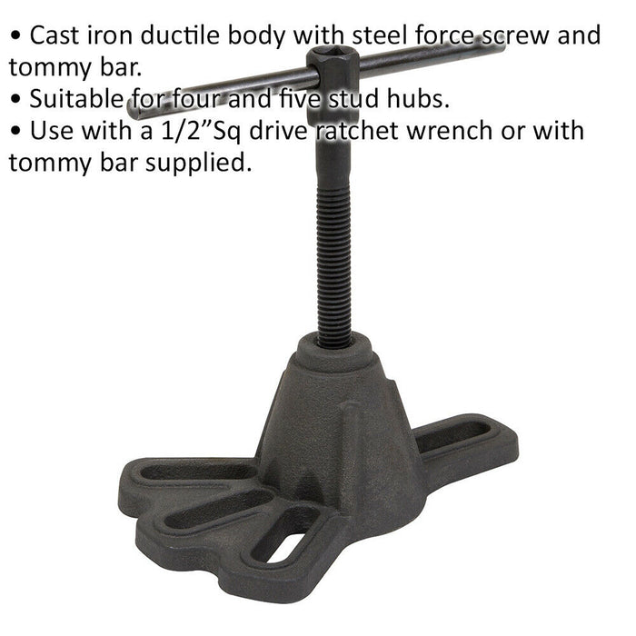 Cast Iron Hub Puller with Force Screw & Tommy Bar - 1/2" Square Driver 5 Stud Loops