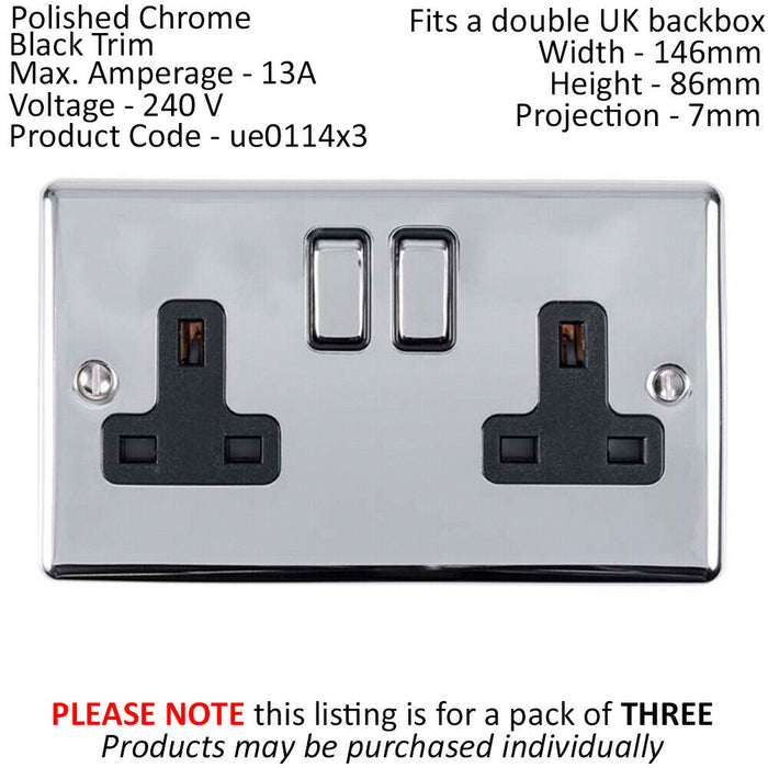 3 PACK 2 Gang Double UK Plug Socket POLISHED CHROME 13A Switched Black Trim Loops