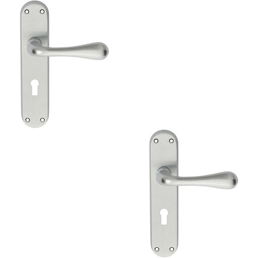 2x PAIR Smooth Round Bar Handle on Lock Backplate 185 x 40mm Satin Chrome Loops
