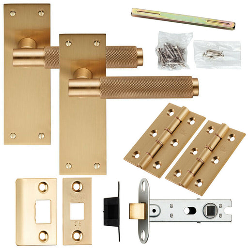 Door Handle & Latch Pack Satin Brass Knurled Round Bar Lever Slim Backplate Loops