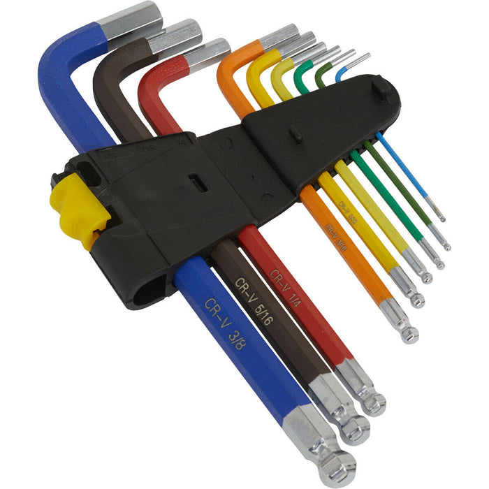 9 Piece Colour Coded Long Ball-End Hex Key Set - Imperial Sizing - Anti-Slip Loops