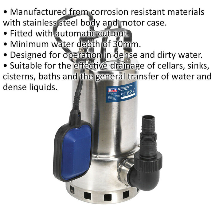 Stainless Steel Dirty Water Pump - 225L/Min - Automatic Cut Out - 230V Supply Loops