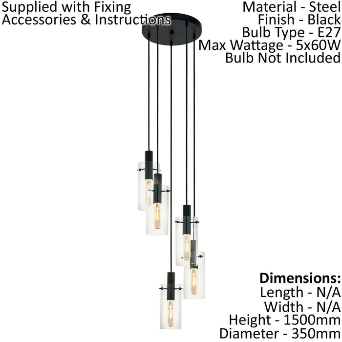 Pendant 5 Bulb Ceiling Light Colour Black Shade Clear Glass Bulb E27 5x60W Loops