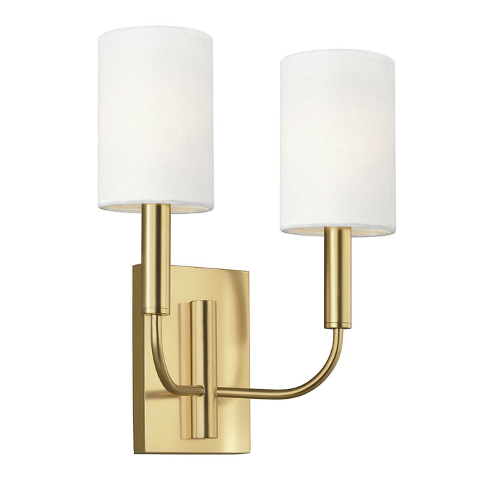 Twin Wall Light White Linen Cylindrical Shades Burnished Brass LED E14 60W Loops