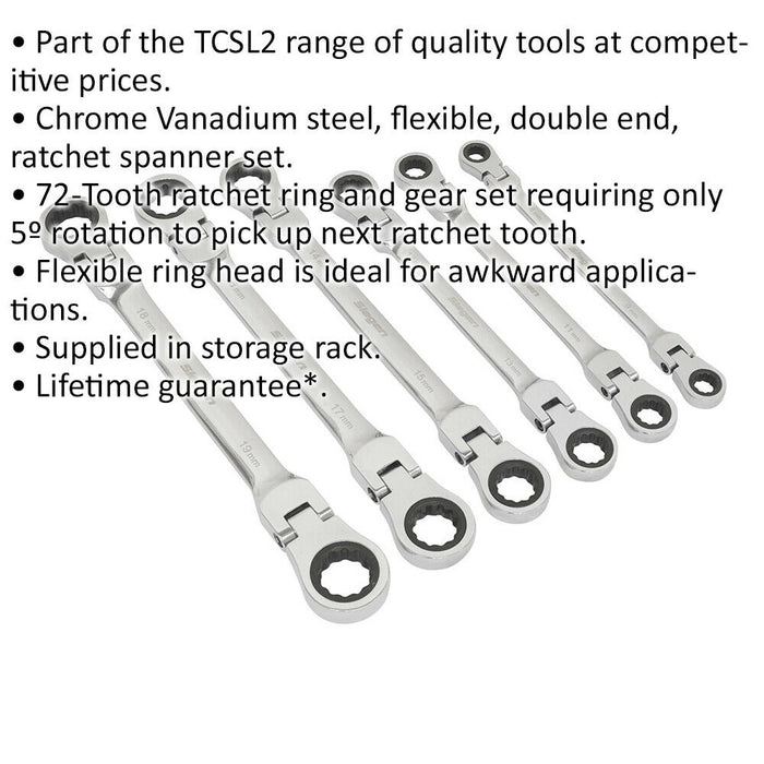 6pc Flexible Head Double Ended Ratchet Ring Spanner Set - 12 Point Metric Wrench Loops