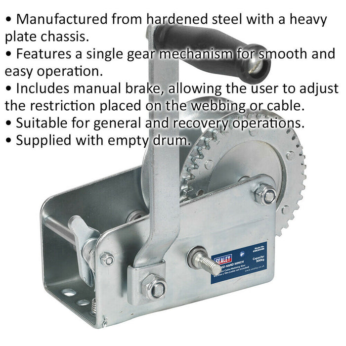 Geared Hand Winch - 900kg Capacity - Manual Brake - Hardened Steel - Single Gear Loops