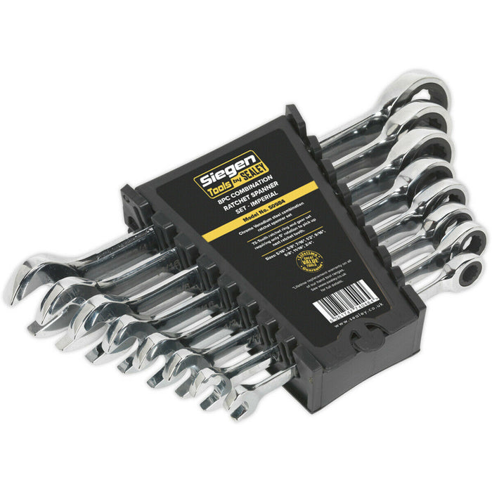8pc Slim Handled Combination Spanner Set - 12 Point Imperial Ring Open End Head Loops