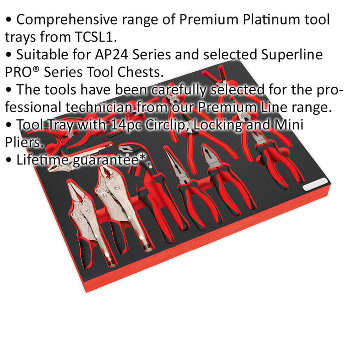 PREMIUM 14pc Pilers Set with 530 x 397mm Tool Tray - Curved Combination Circlip Loops