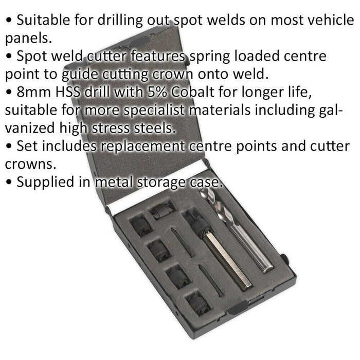 9 Piece Spot Weld Cutter & Drill Bit Set - Spring Loaded Centre - HSS Cobalt Loops