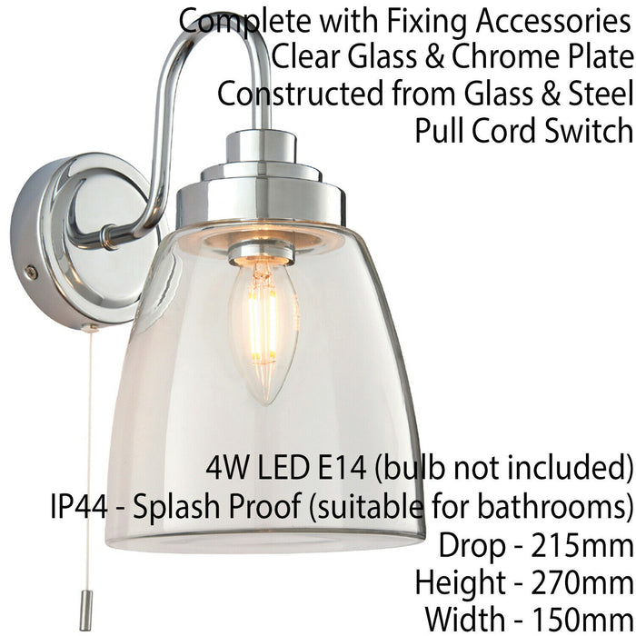 2 PACK IP44 Bathroom Wall Light Chrome & Domed Clear Glass Curved Arm Oval Lamp Loops