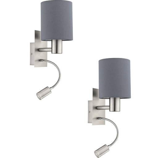 2 PACK Wall Light Colour Satin Nickel Shade Grey Fabric E27 LED 1x40W 1x3.5W Loops
