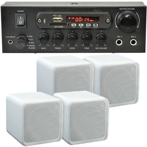 110W Bluetooth Amplifier & 4x 80W White Shelf Speakers Compact Wireless HiFi Kit