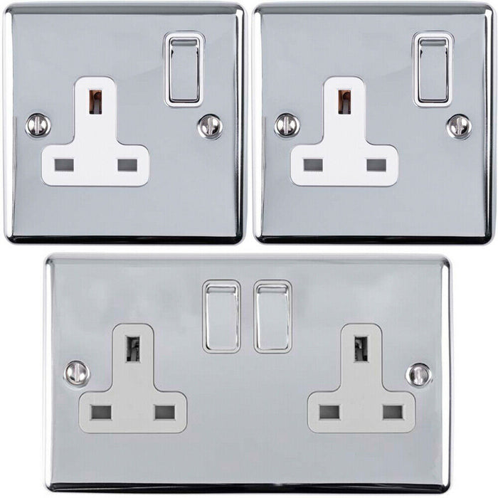 UK Plug Socket Pack -1x Twin & 2x Single Gang- CHROME / Grey 13A Switched Loops