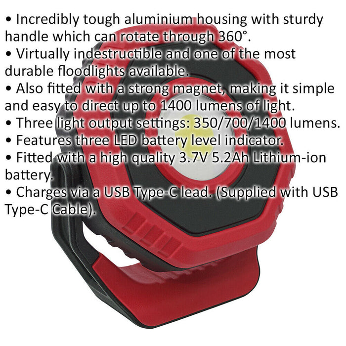 Rechargeable Pocket Floodlight - 360 Degree Swivel - 14W COB LED - Red Loops