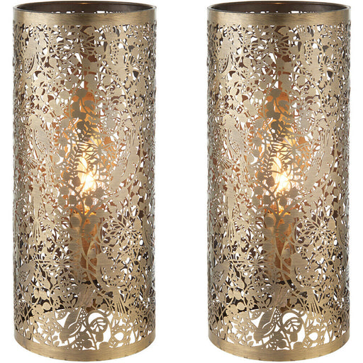 2 PACK | Pattern Table Lamp Light Aged Brass Floral Bird Metal Cylindrical Shade Loops