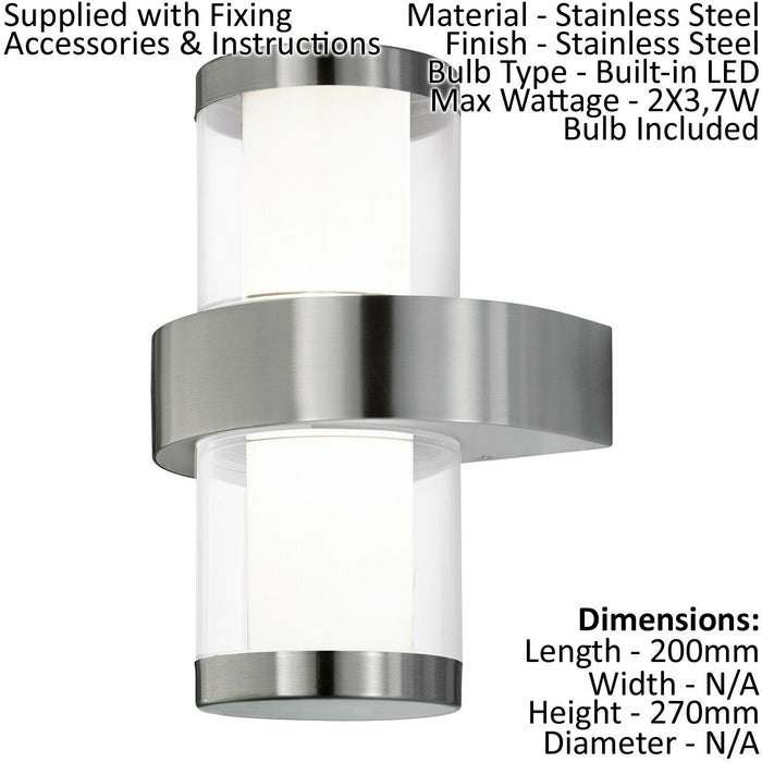 IP44 Outdoor Wall Light Stainless Steel & Glass 3.7W Built in LED Porch Lamp Loops