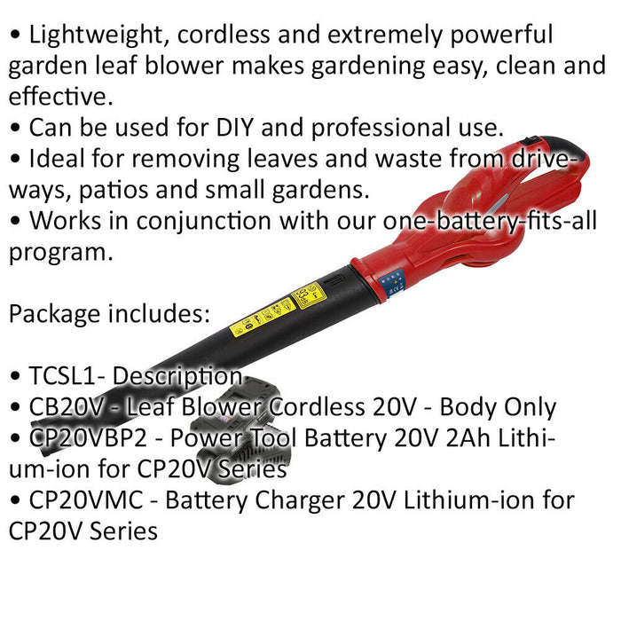 20V Lightweight Cordless Leaf Blower - 2Ah Lithium-ion Battery & Battery Charger Loops