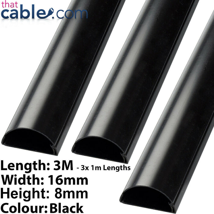 3x 1m (3m) 16mm x 8mm Black Speaker Cable Trunking Conduit Cover AV TV Wall Loops