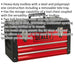 500 x 255 x 300mm Portable 3 Auto Locking Drawer Toolbox - Red - Tool Storage Loops