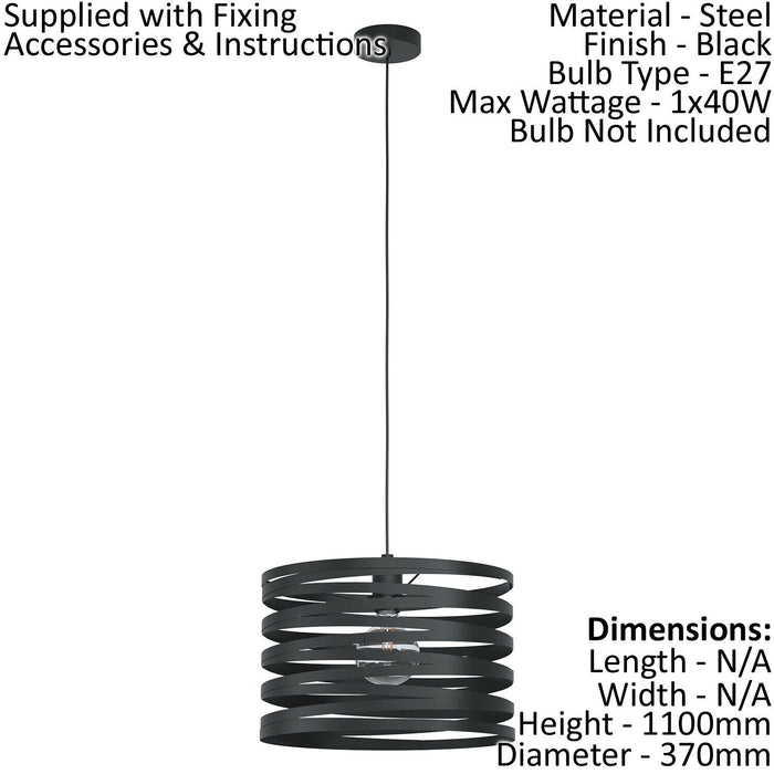 Pendant Ceiling Light Colour Black Shade Black Spirals Long Cable Bulb E27 1x40W Loops