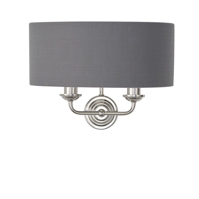 Wall Light - Bright Nickel Plate & Charcoal Fabric - 2 x 40W E14 - Dimmable Loops