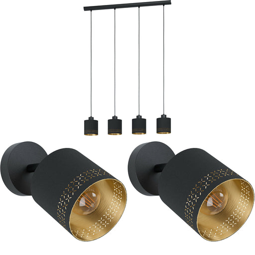 Quad Ceiling Light & 2x Matching Wall Lights Black & Gold Round Fabric Shade Loops