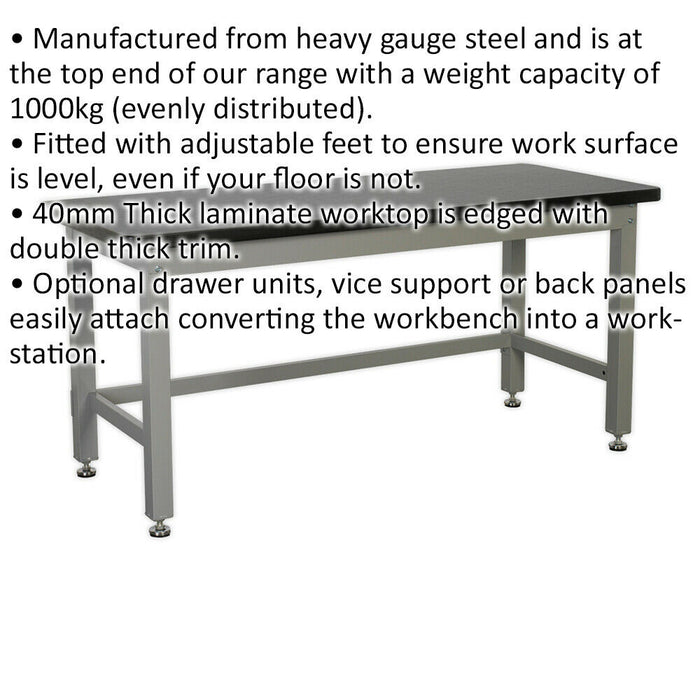 Steel Industrial Workbench - 1800mm x 750mm Laminate Worktop - Adjustable Feet Loops
