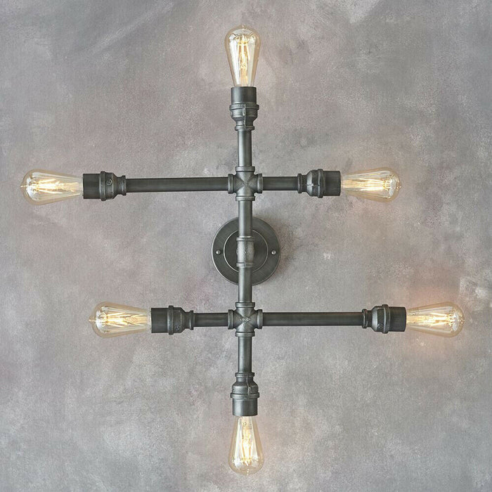 Semi Flush Ceiling Lamp Aged Pewter 6x Bulb Multi Light Industrial Exposed Pipe Loops