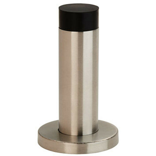 Wall Mounted Doorstop Cylinder on Rose Rubber Tip 76 x 22mm Satin Steel Loops