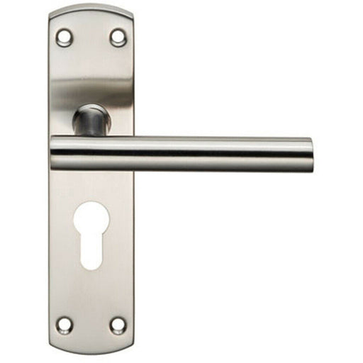 Mitred T Bar Lever Door Handle on Euro Lock Backplate 172 x 44mm Satin Steel Loops