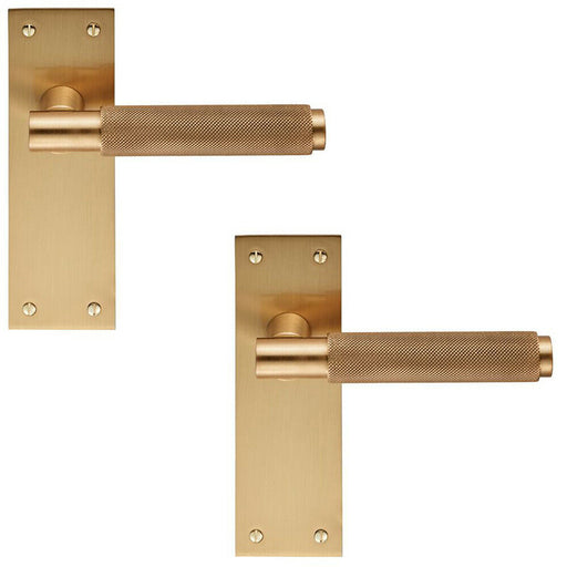 2x PAIR Knurled Round Handle on Slim Latch Backplate 150 x 50mm Satin Brass Loops