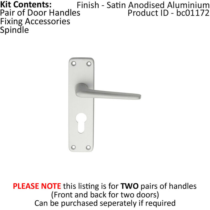2x PAIR Straight Tapered Lever on Euro Lock Backplate 152 x 41mm Satin Aluminium Loops
