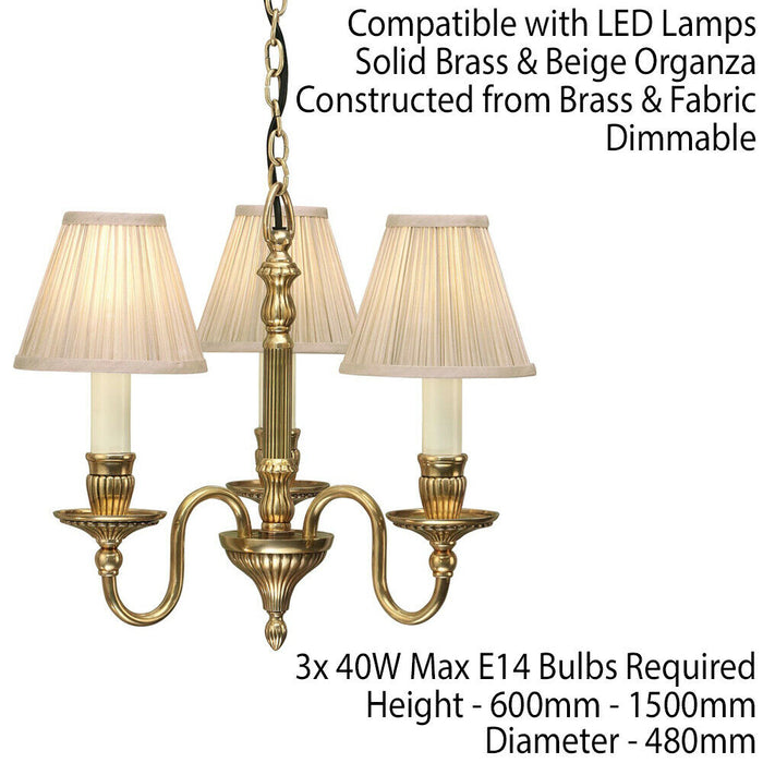 Opulent Hanging Ceiling Pendant Light Solid Brass Beige Shades 3 Lamp Chandelier Loops