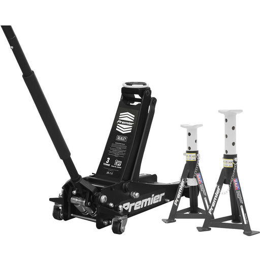 Twin Piston Hydraulic Trolley Jack & 2 x Axle Stands Kit - 3000kg Limit - Black Loops