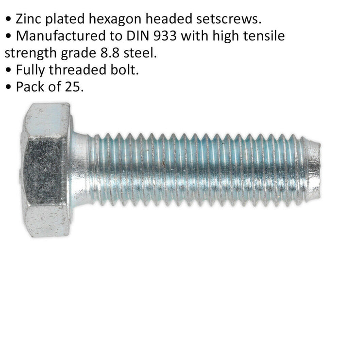 25 PACK HT Setscrew - M12 x 40mm - Grade 8.8 Zinc - Fully Threaded - DIN 933 Loops