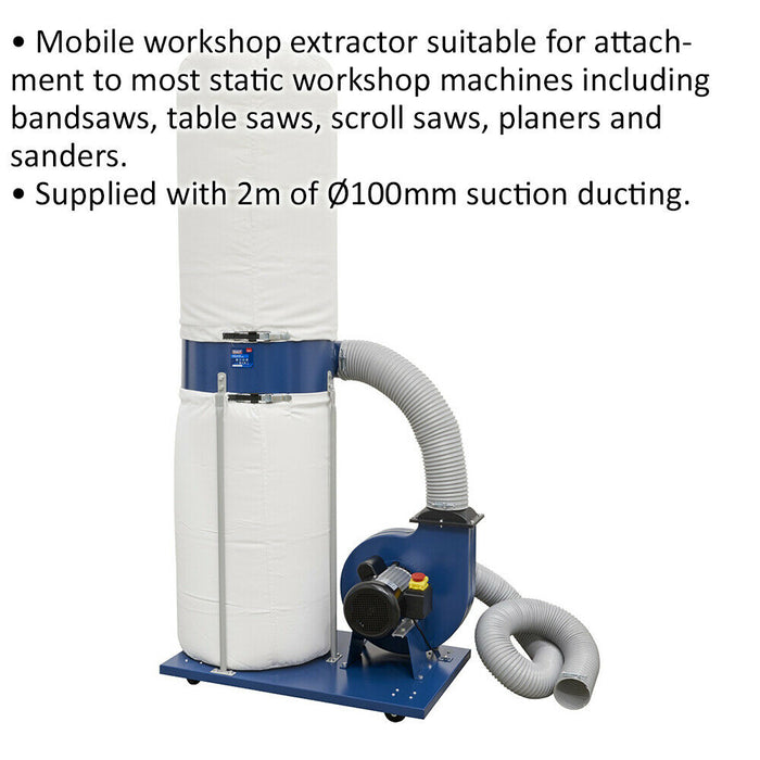 230V Dust & Chip Extractor - 2hp Mobile Workshop Extractor - 2m x 100mm Ducting Loops