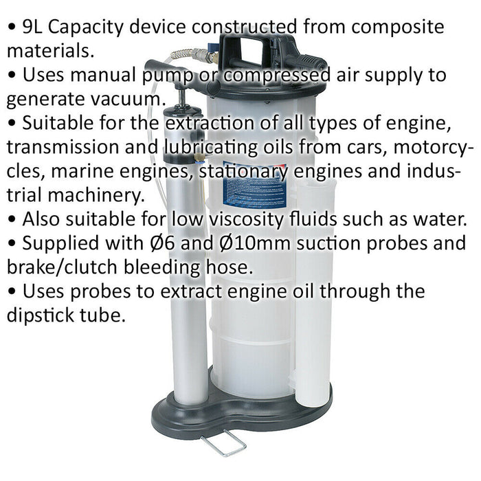 9L Oil & Fluid Extractor - Manual Pump & Air Vacuum - Suction Probes & Extension Loops