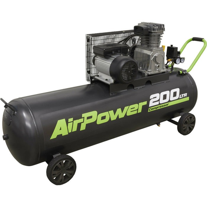 200 Litre Mobile Belt Drive Air Compressor - 3hp Motor - Quick Release Coupling Loops