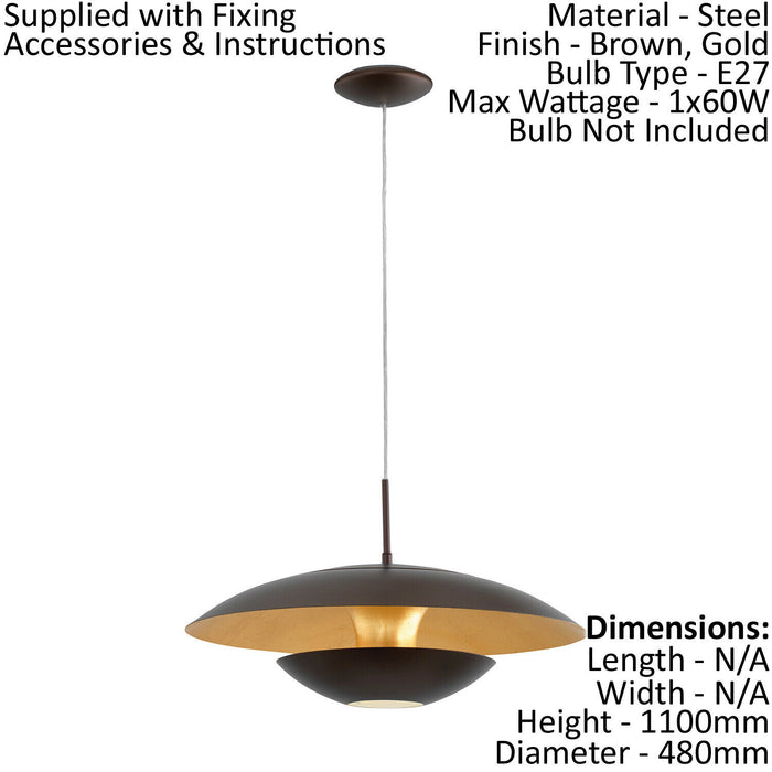 Pendant Ceiling Light Steel Brown Outer & Gold Inner Shade Bulb E27 1x60W Loops